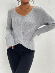 Twist Front V Neck Sweater Long Sleeve Casual Winter Fall Women's Clothing