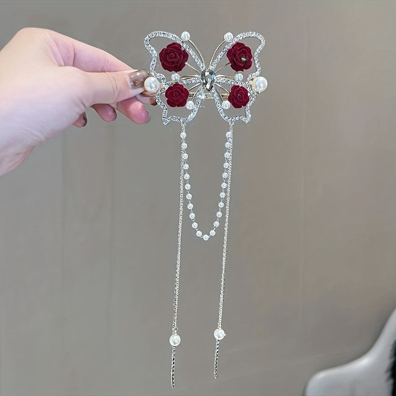 Girl's Tassel Rose Flower Barrette Vintage Rhinestone Hair Clip