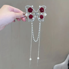 Girl's Tassel Rose Flower Barrette Vintage Rhinestone Hair Clip