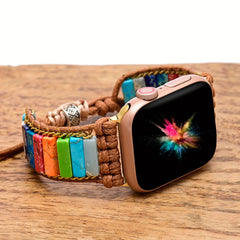 Colorful Beaded Watch Strap, Bohemian Woven Chain, Golden Flat Knot
