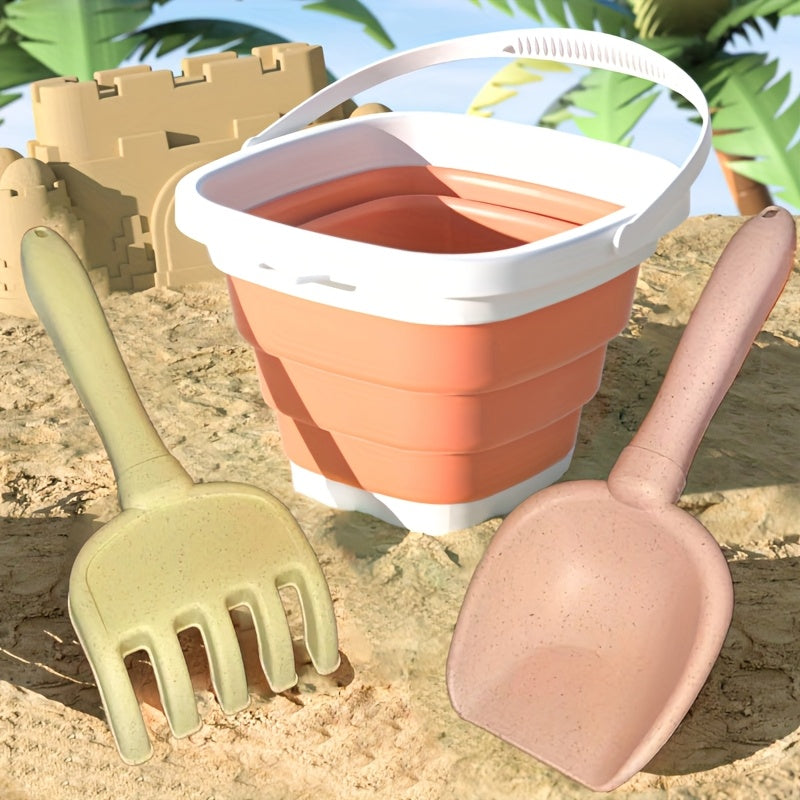 Multifunctional Straw Beach Toy Set with Folding Bucket - Play Snow, Sand, Water