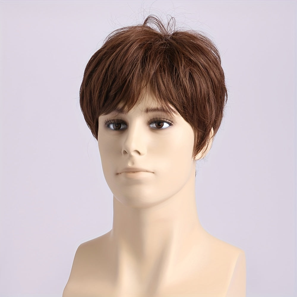 Men's Brown Short Curly Wig Daily Wear Headgear