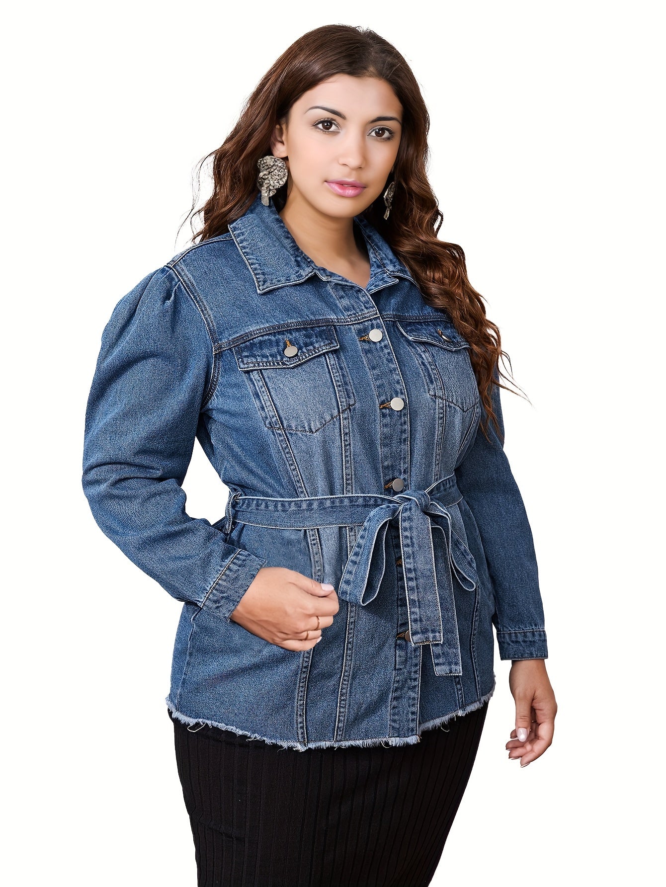 Sporty Denim Top Plus Size Long Puff Sleeve Lapel Collar Button Up