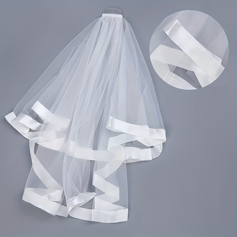 Short Double Layer Bridal Veil with Ribbon Fairy Wedding Collar