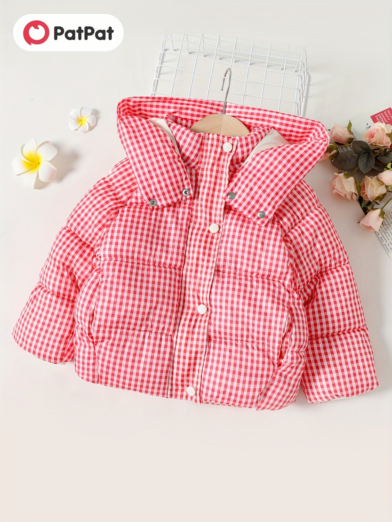 Toddler Girl Plaid Hooded Puffer Coat Casual Long Jacket