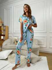 Floral Print Pajamas Set Short Sleeve Top & Pants