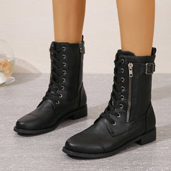 Retro Lace-Up Moto Boots with Side Zipper Chunky Mid-Tube