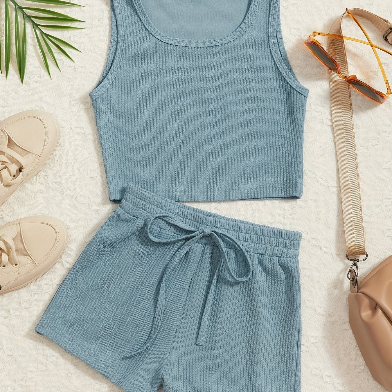 Girl's Ribbed Tank Top & Shorts Set Solid Casual Outfits for Summer