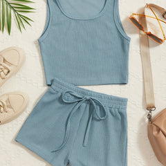 Girl's Ribbed Tank Top & Shorts Set Solid Casual Outfits for Summer