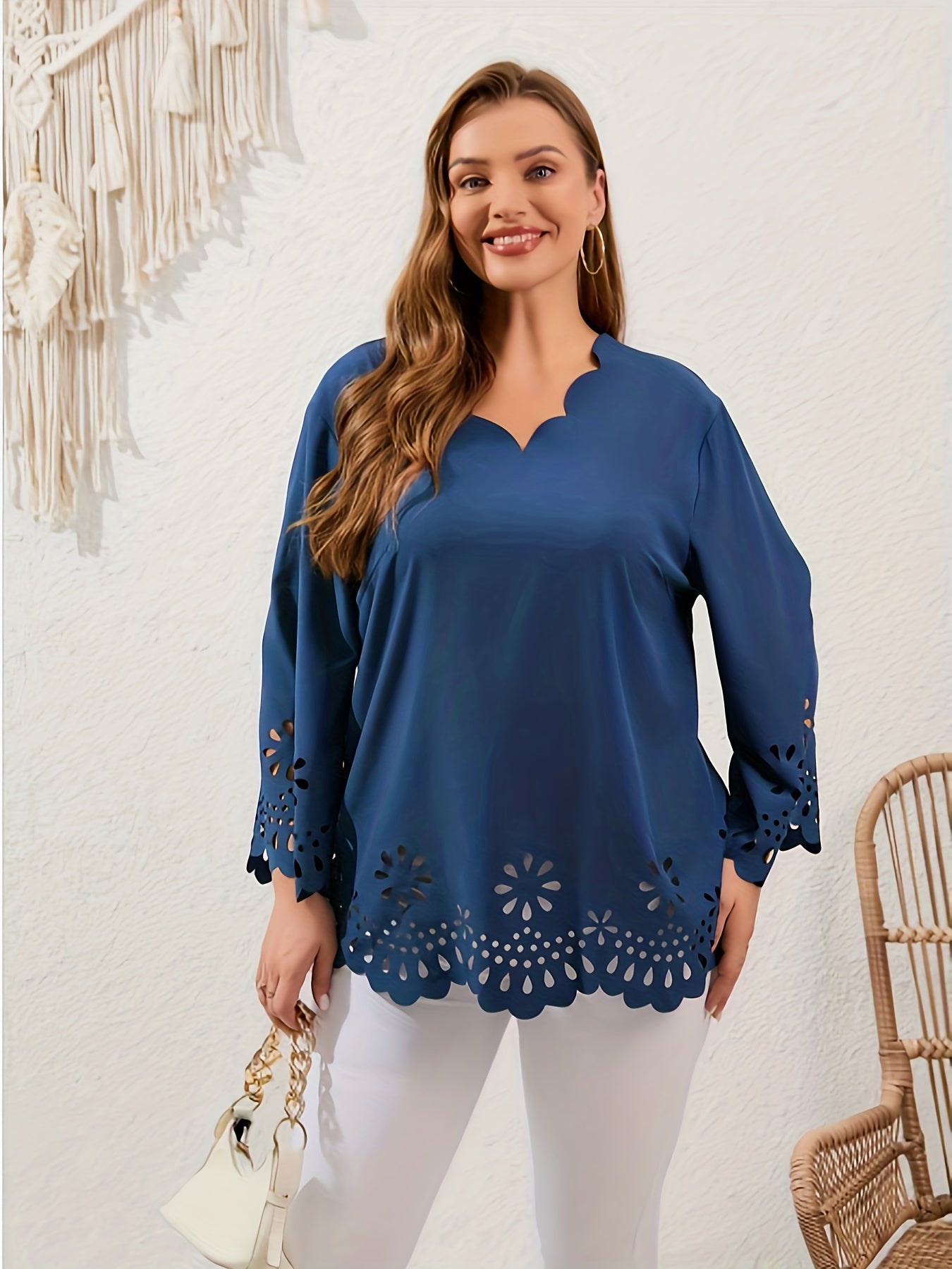 Embroidered Floral Trim V Neck Plus Size Blouse