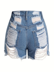 Sexy Denim Shorts Plus Size Ripped Fringe Trim Button Fly Pockets