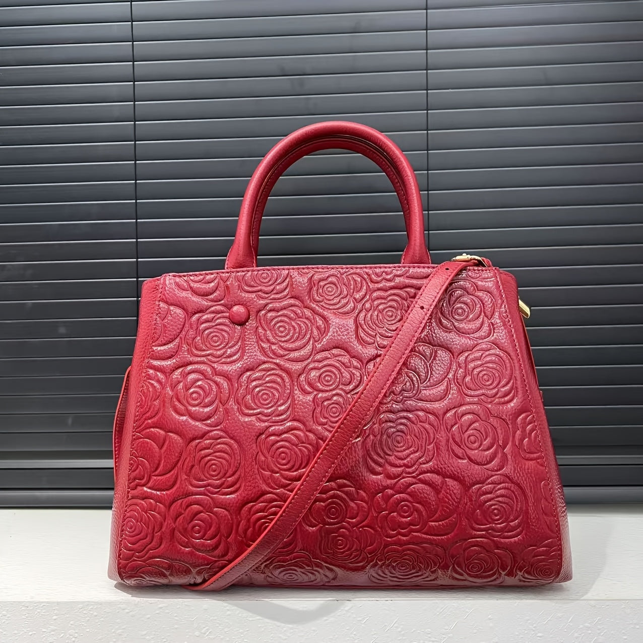 Floral Embossed Leather Tote Bag with Zipper Closure