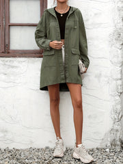 Hooded Long Denim Jacket Single Breasted Button Coat