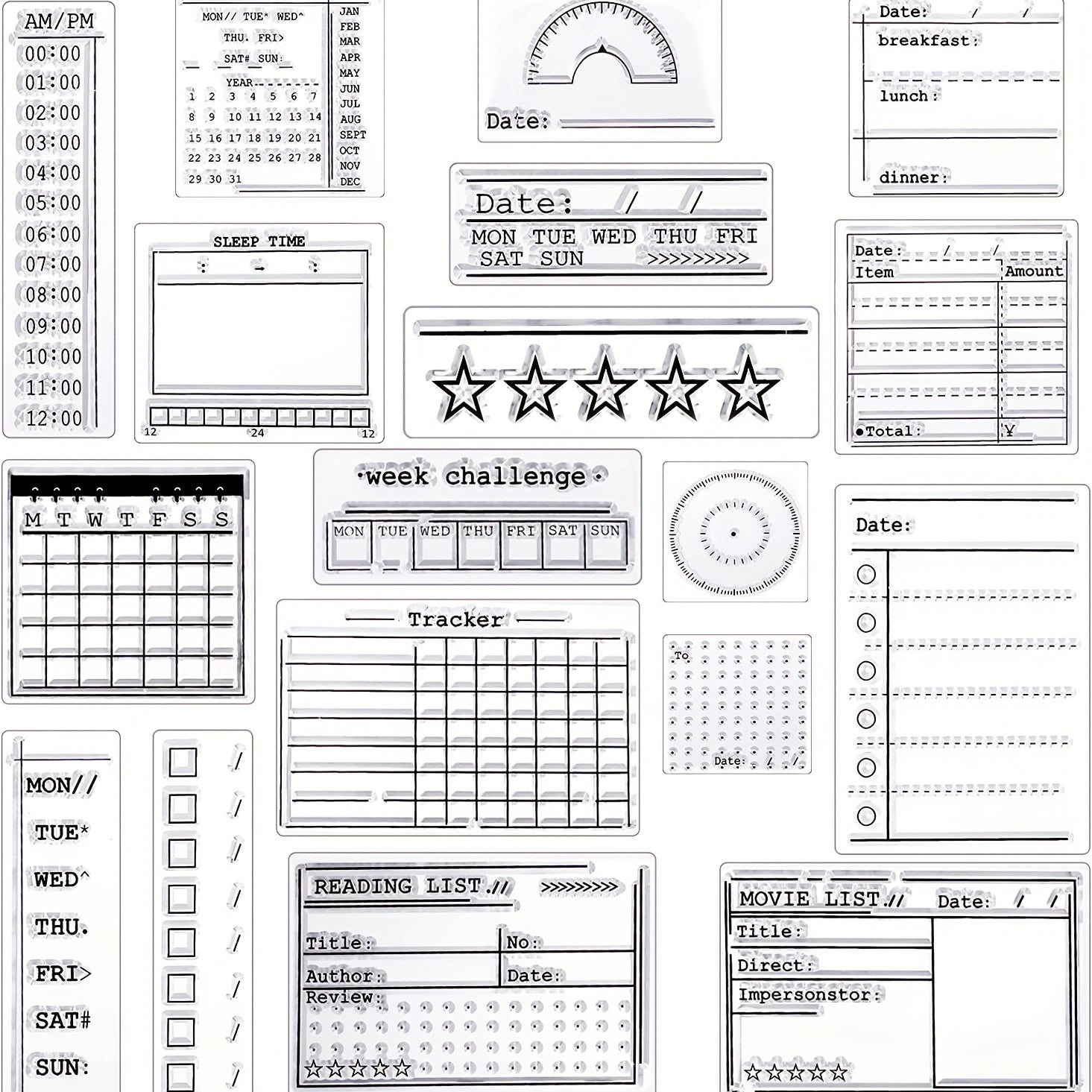 Clear Journal Stamp Set - Silicone Calendar Template