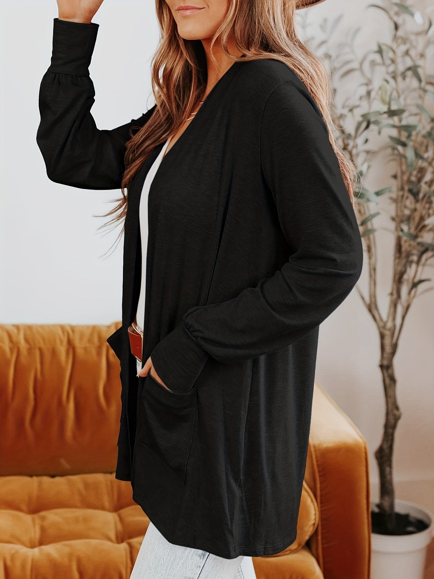 Dual Pockets Open Front Coat Casual Long Sleeve Coat
