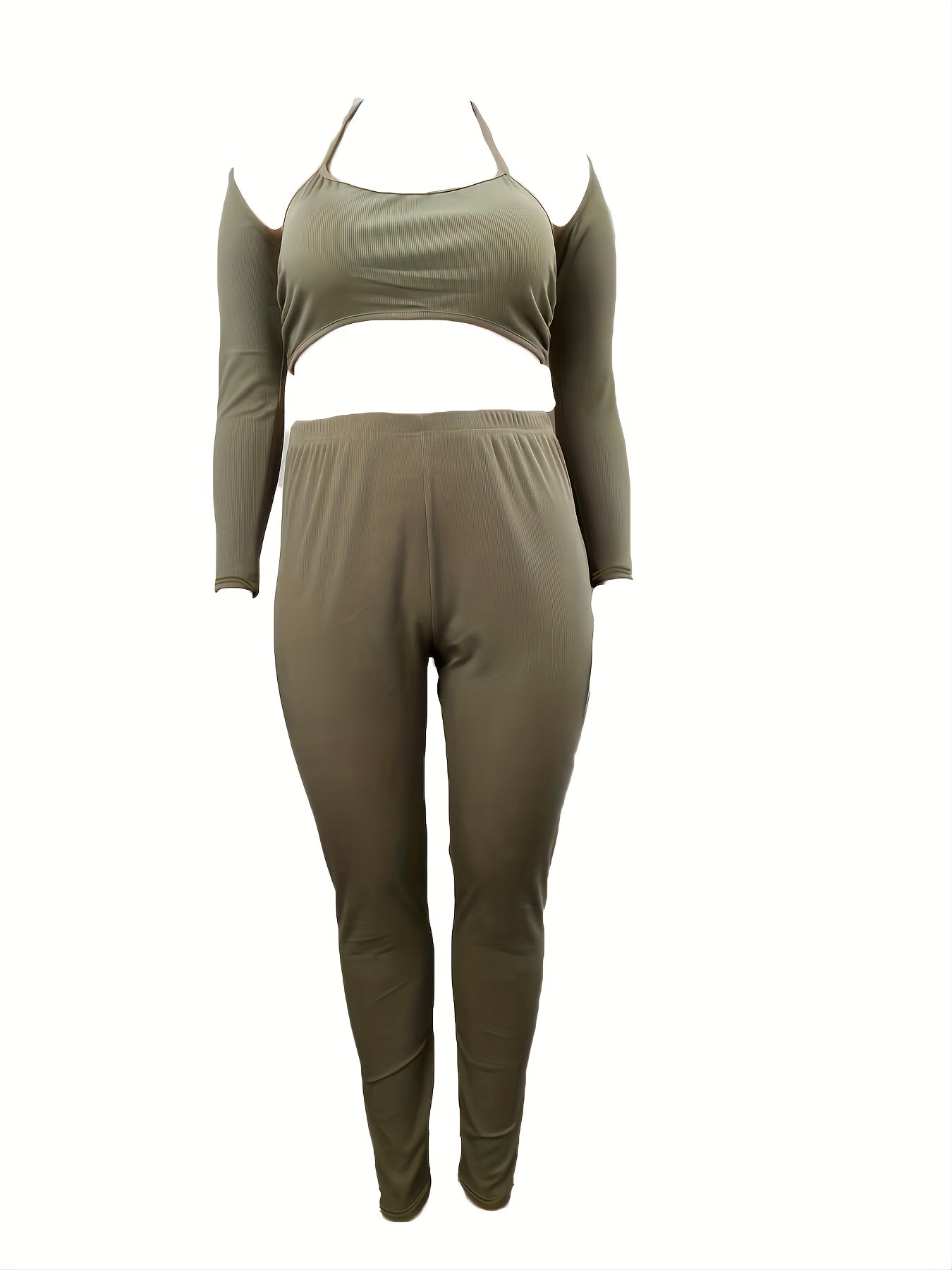 Women's Plus Ribbed Halter Neck Crop Top & Oversleeve & Pants Set