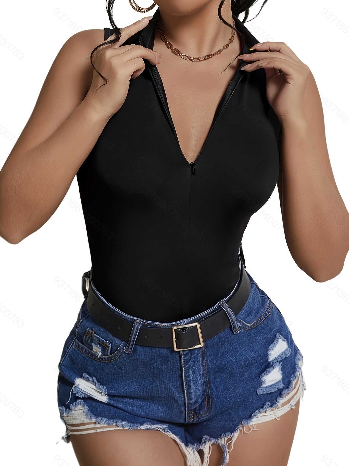 Solid Zip Front V Neck Tank Top Casual Summer Sleeveless Top Women's Clothing