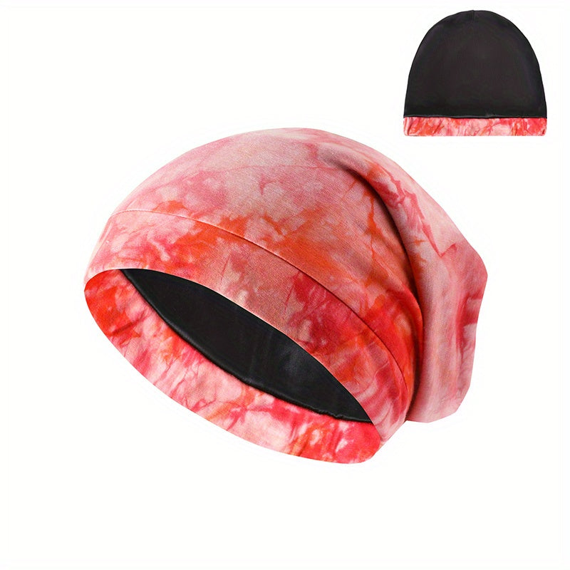 Tie Dye Print Soft Beanie Satin Lined Elastic Bonnet Sleeping Night Cap