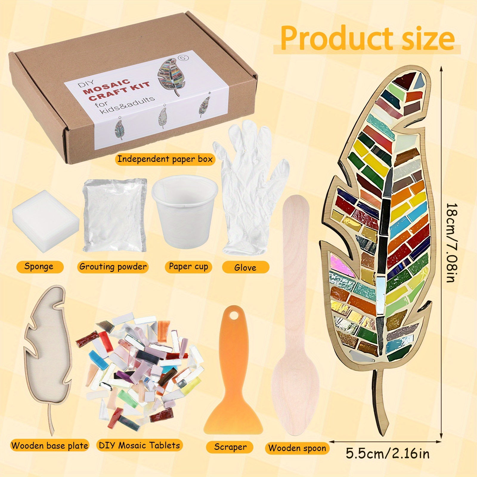Vibrant Feather DIY Mosaic Craft Kit Wooden Decorative Piece Colorful Tile Inlay