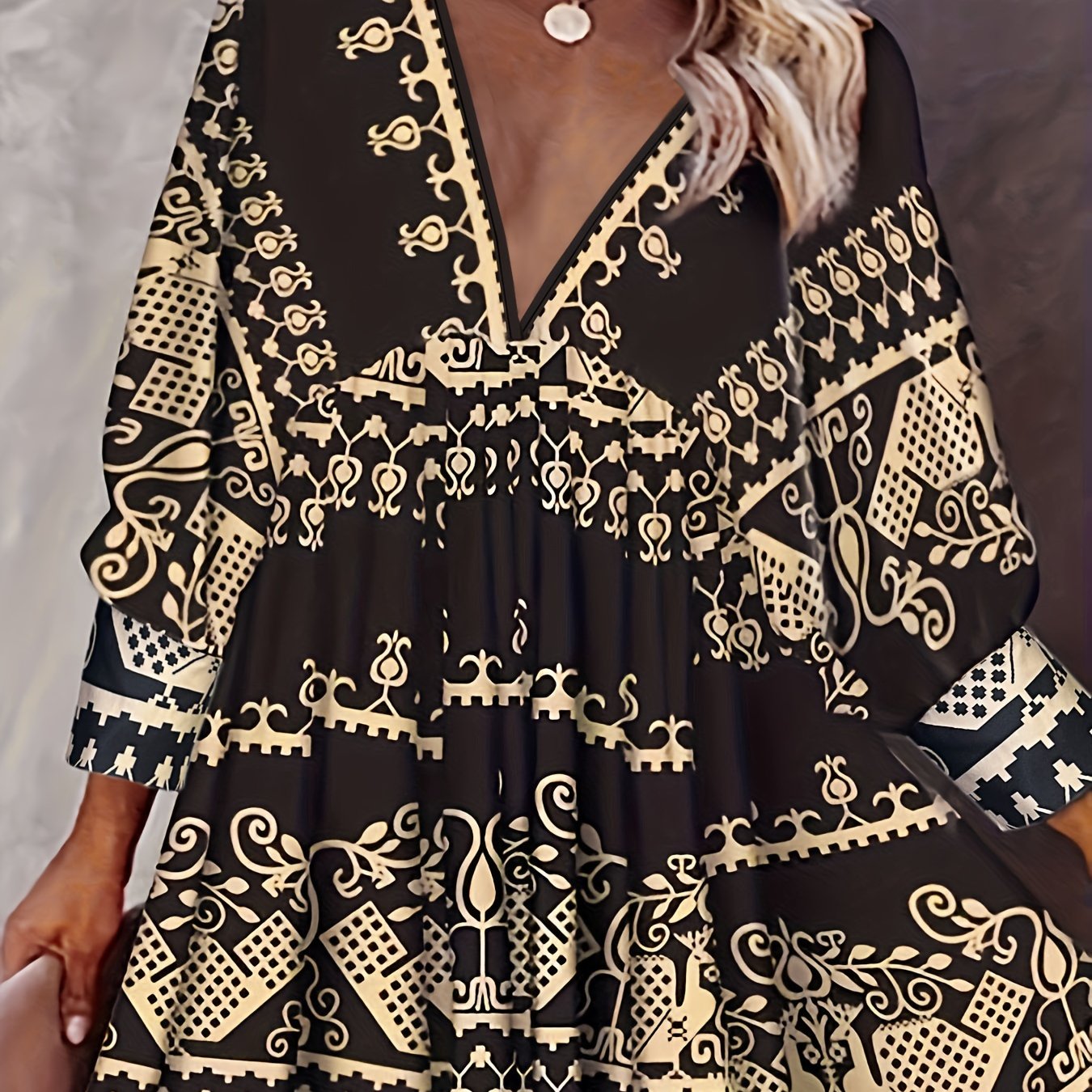 Boho Dress Women's Plus Tribal Print Long Sleeve Deep V Neck Mini