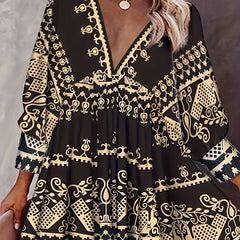 Boho Dress Women's Plus Tribal Print Long Sleeve Deep V Neck Mini