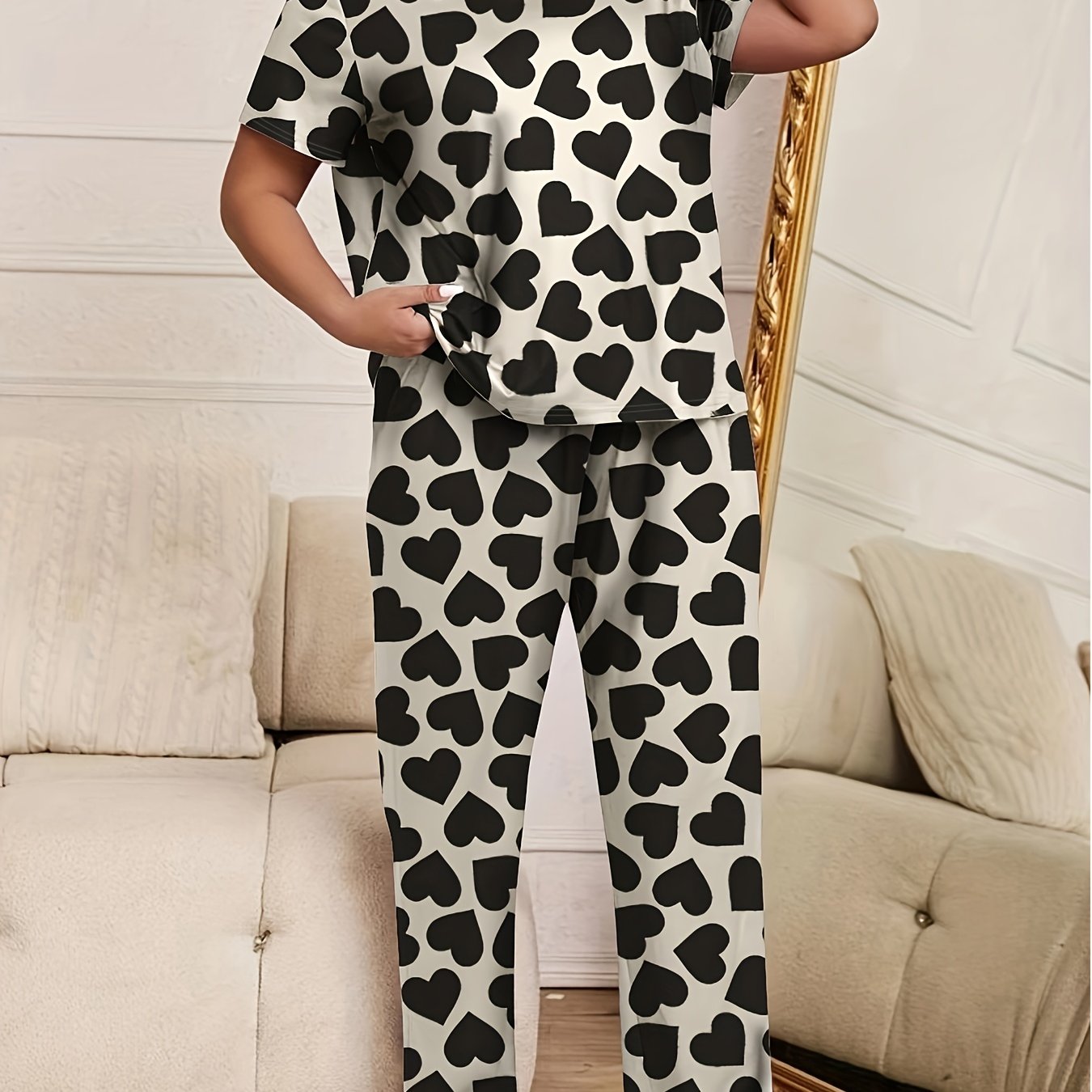 Heart Print Pajama Set Short Sleeve Round Neck Top & Pants
