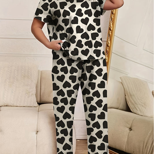 Heart Print Pajama Set Short Sleeve Round Neck Top & Pants