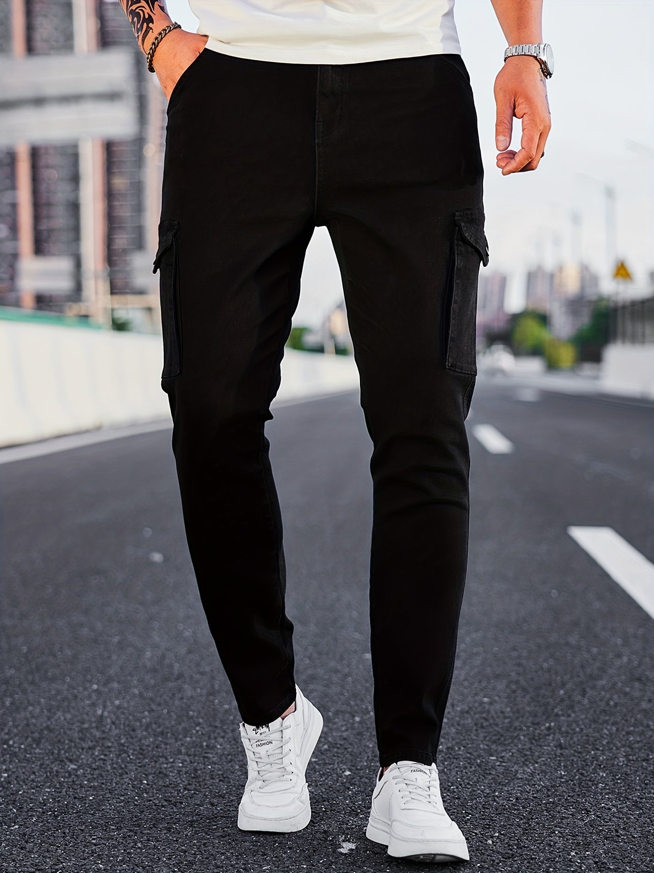 Slim Fit Cargo Jeans Mens Casual Pocket Solid Mid Stretch Jeans