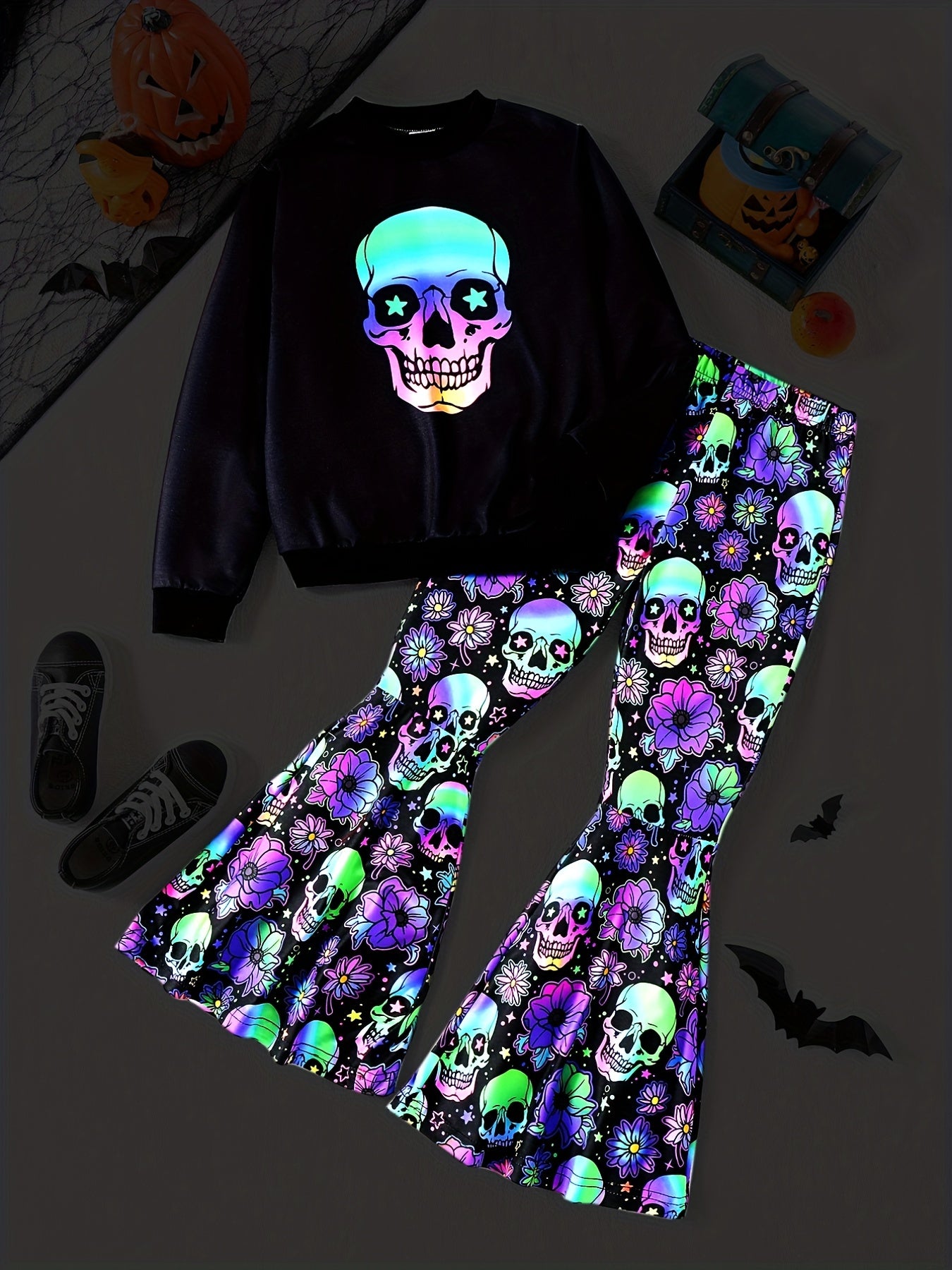 Girl's Skeleton Graphic Outfit 2pcs Set Glow in Dark Kid's Halloween Clothes