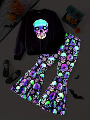 Girl's Skeleton Graphic Outfit 2pcs Set Glow in Dark Kid's Halloween Clothes