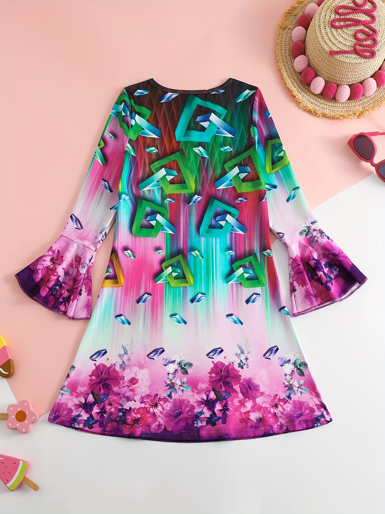 Girls Flower Graphic Crew Neck Long Sleeve Dress