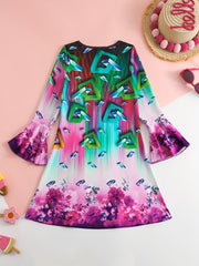 Girls Flower Graphic Crew Neck Long Sleeve Dress