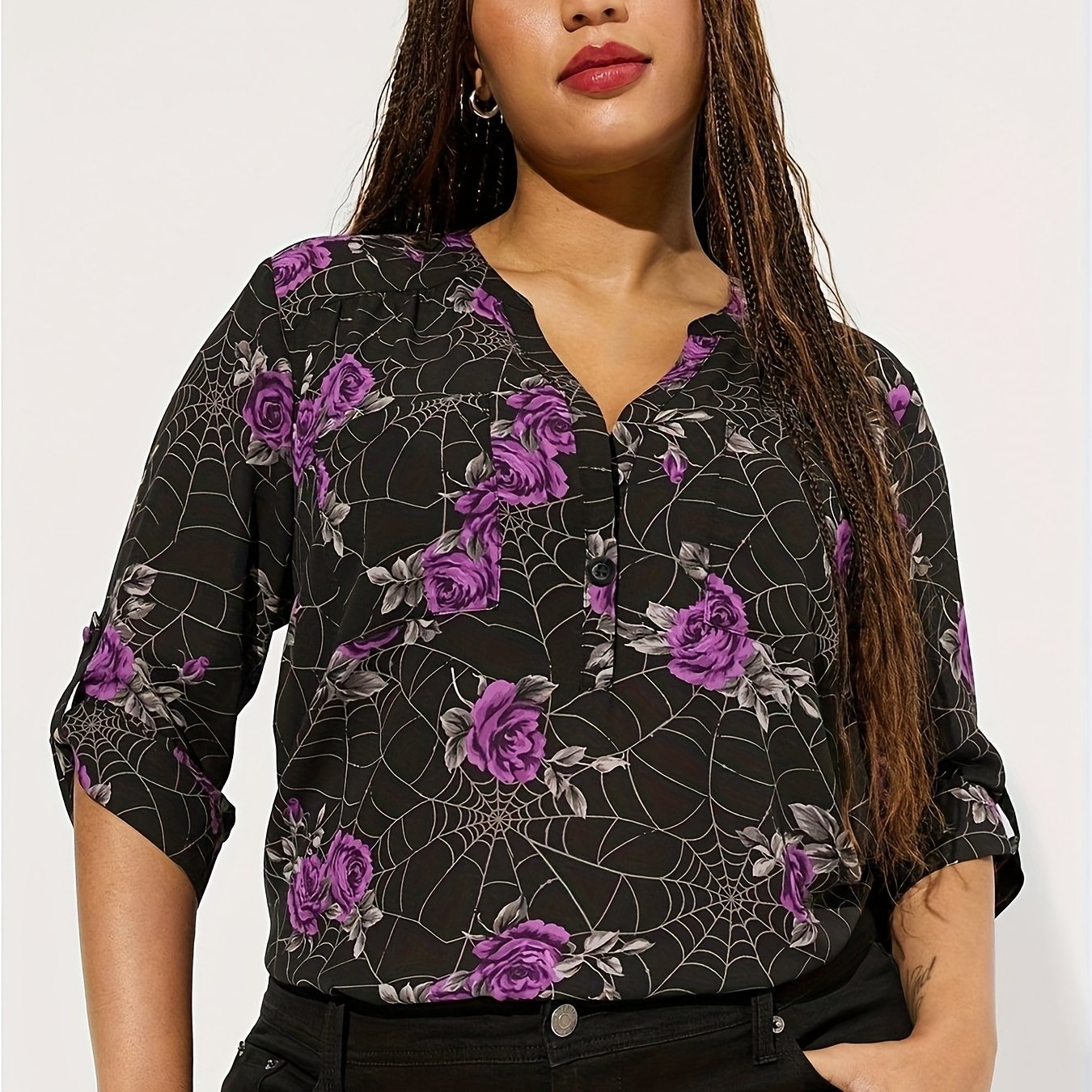 Women's Floral & Spider Web Print Button Up Long Sleeve V Neck Shirt