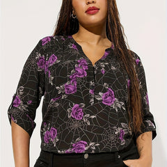 Women's Floral & Spider Web Print Button Up Long Sleeve V Neck Shirt