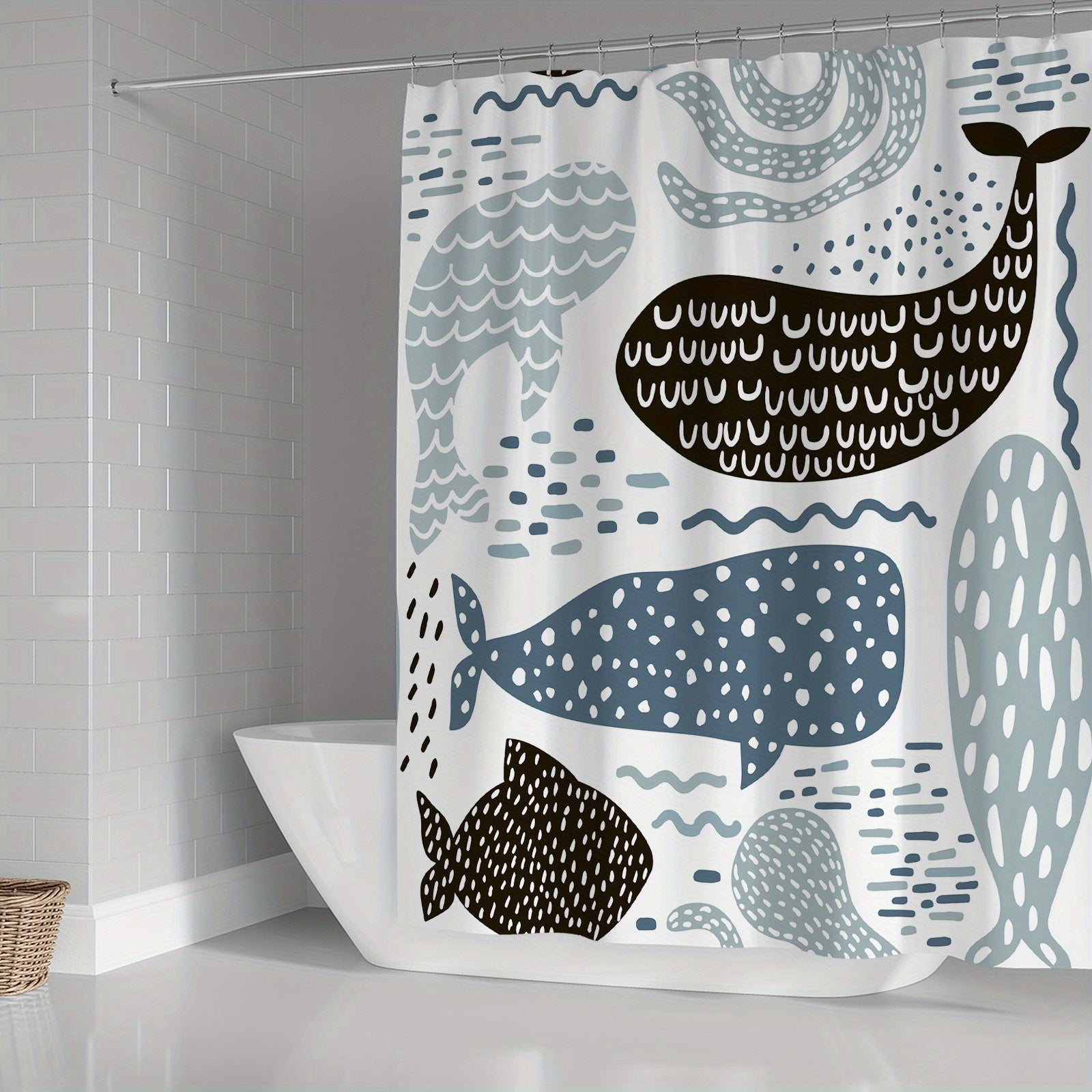 Whale Shower Curtain Set Fun Ocean Cartoon Bathroom Curtain Polyester Curtain
