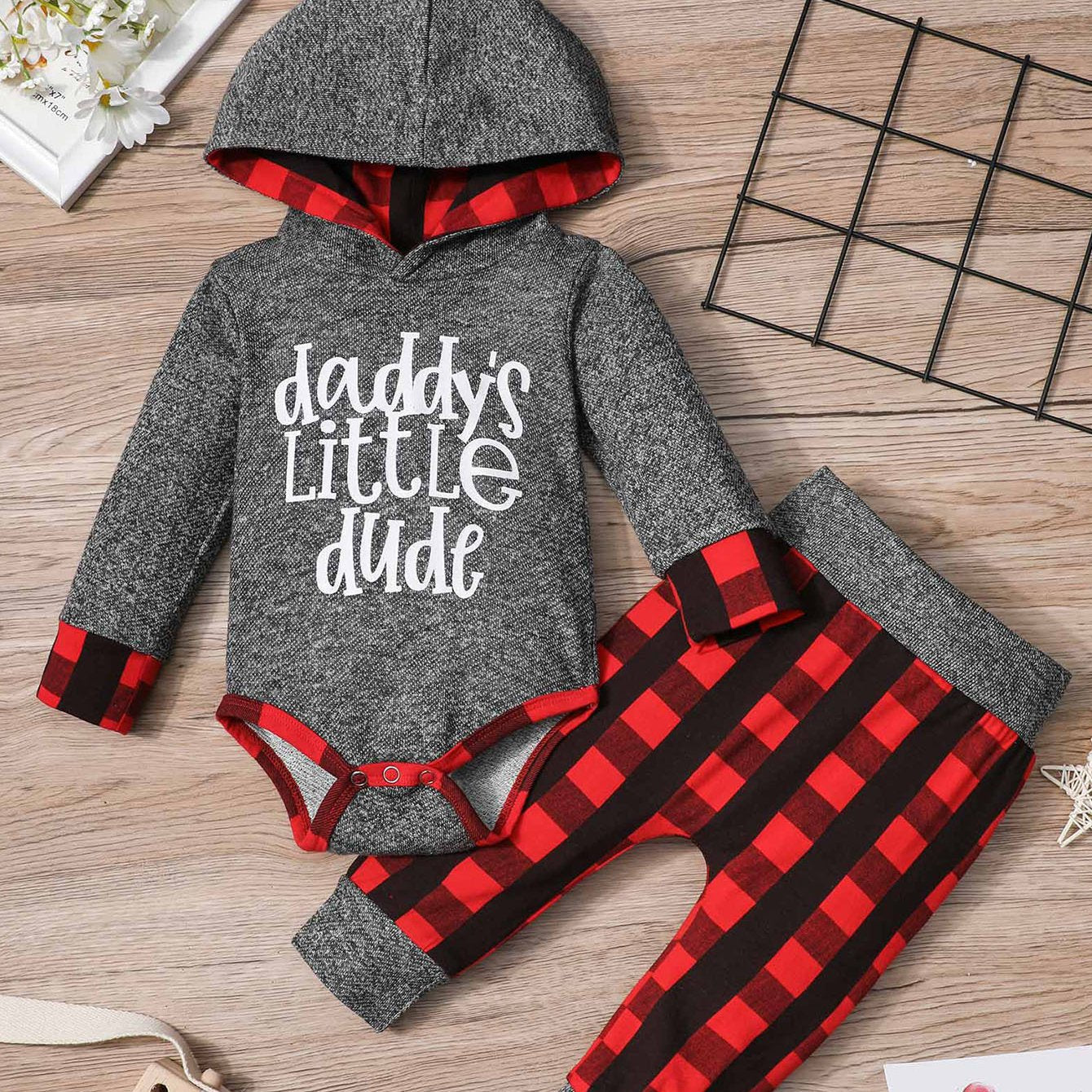 Baby Boy Plaid Hoodies Romper Pants 2PCS Outfits Set