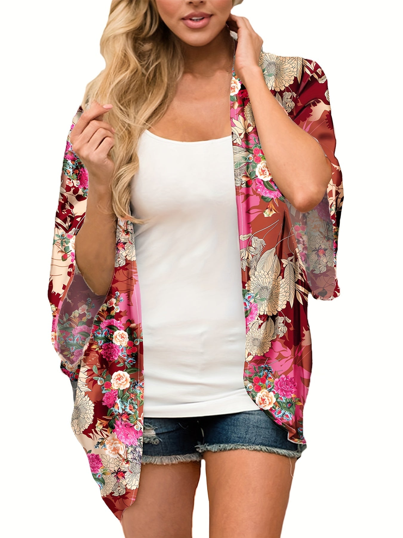 Floral Print Kimono Cover Up V Neck Soft Beachwear Women's Swimwear