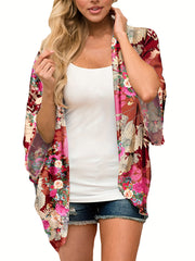 Floral Print Kimono Cover Up V Neck Soft Beachwear Women's Swimwear