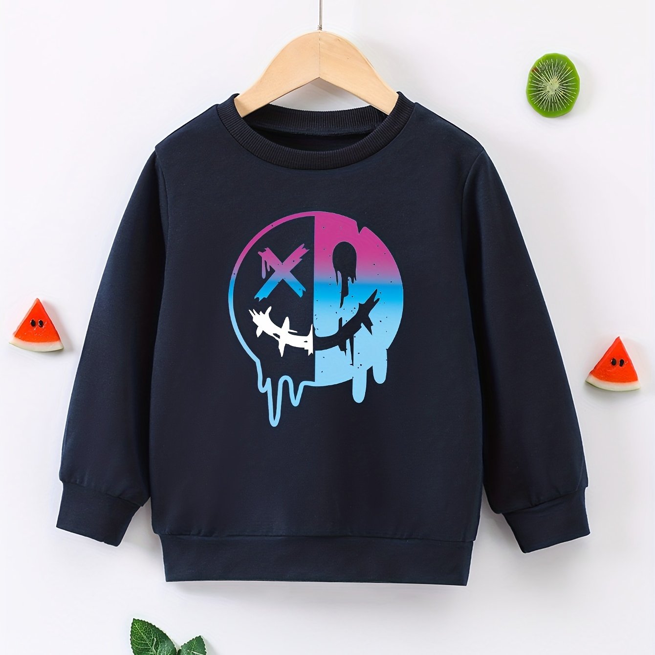 Colorful Smile Face Print Boys Casual Pullover Sweatshirt Crew Neck Tops