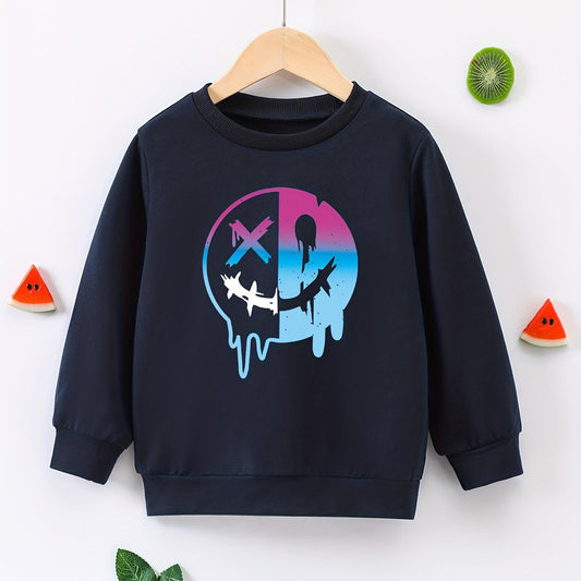 Colorful Smile Face Print Boys Casual Pullover Sweatshirt Crew Neck Tops