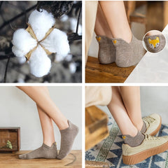 10 Pairs Women's Golden Fox Embroidered Cotton Ankle Socks