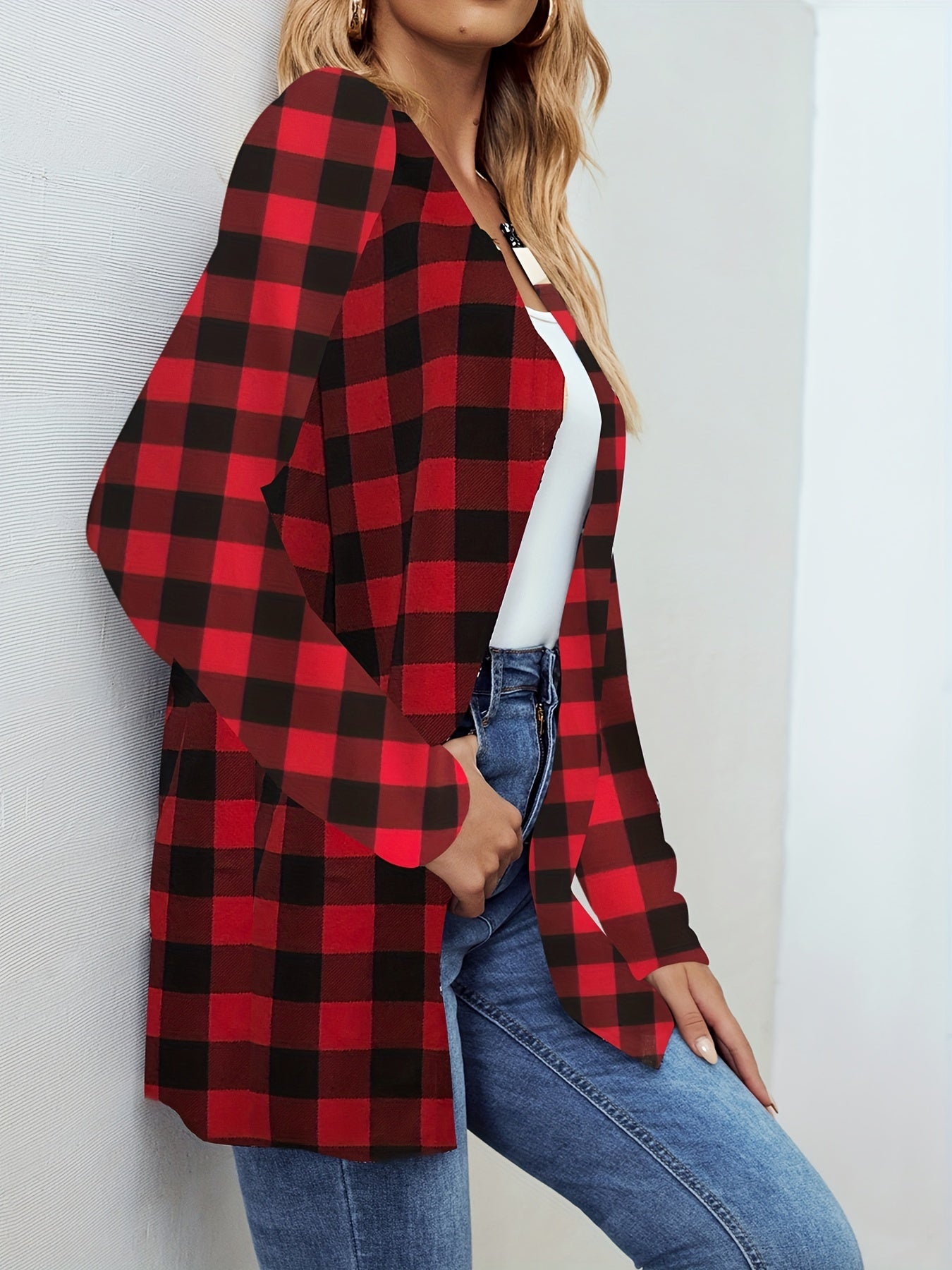 Plaid Crew Neck Jacket Casual Open Front Long Sleeve Jacket