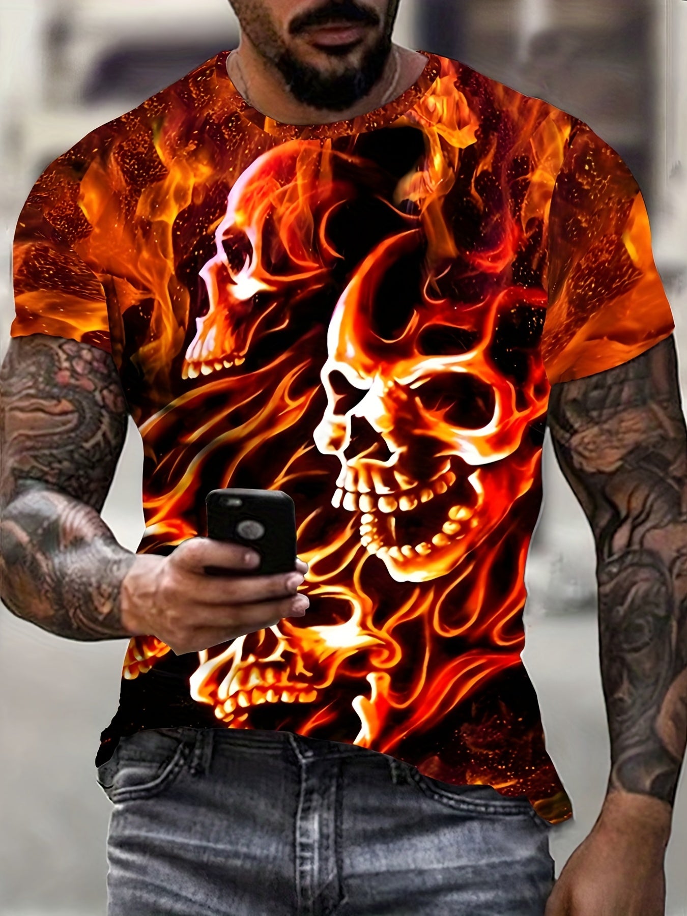 Men's Burning Skull 3D Graphic T Shirt Short Sleeve Tee for Summer