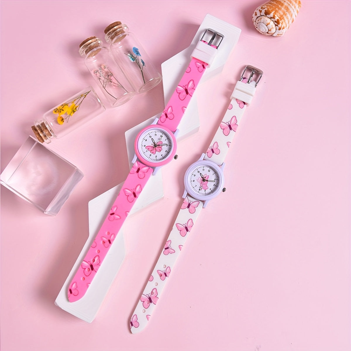 2pcs Butterfly Silicone Band Girls' Watch Set Non Waterproof Analog Quartz