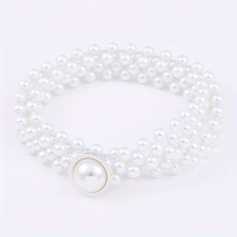 Faux Pearl Chain Elastic Belt Round Pearl Buckle Dress Belt Women