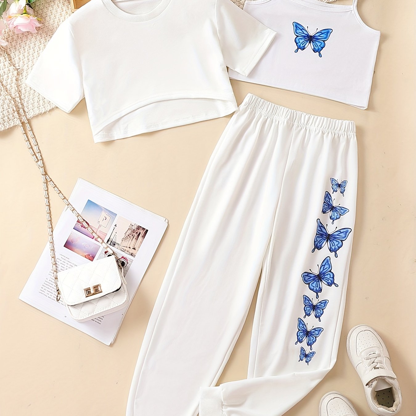 Girls' Butterfly Graphic Casual Suit 3pcs Set