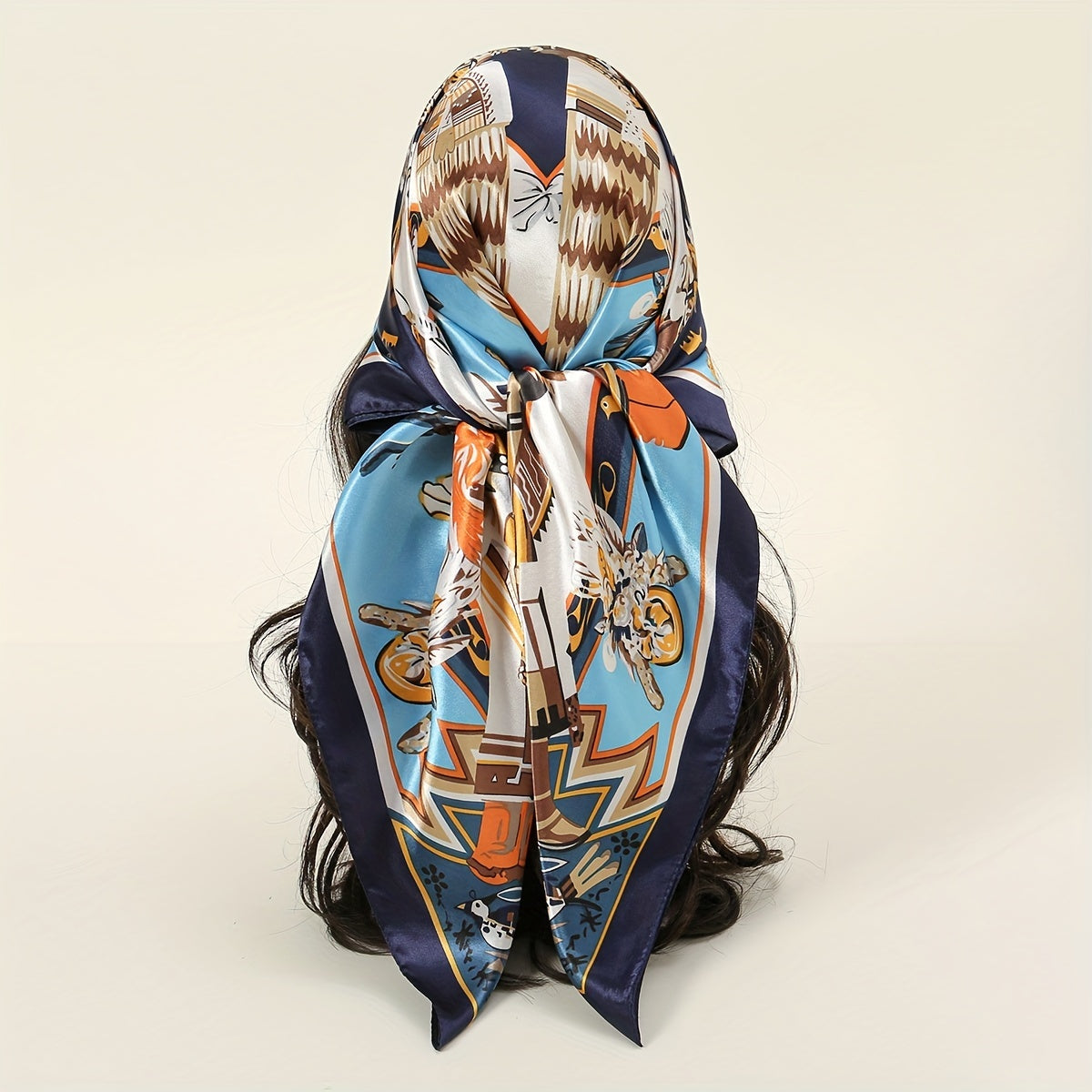 Boho Tribal Print Bandana Vintage Cartoon Satin Shawl Silk Square Scarf