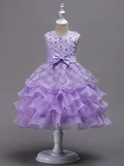 Girls Floral Embroidery Bowknot Sleeveless Princess Dress