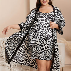 2 Pcs Satin Leopard Print Sleep Dress & Robes Set Women's Plus Pajama Set