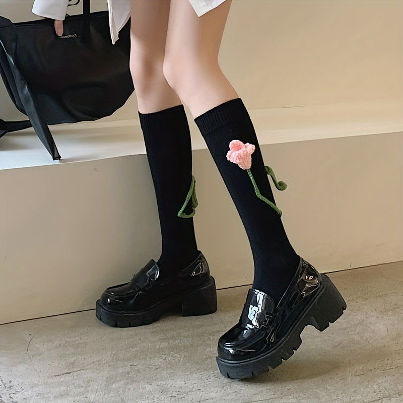 Flower Decor Calf Socks All match Knee High Socks